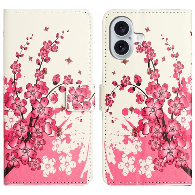 Étui pour iPhone 16 - Collection Couverture Livre en Cuir - Fleurs Roses