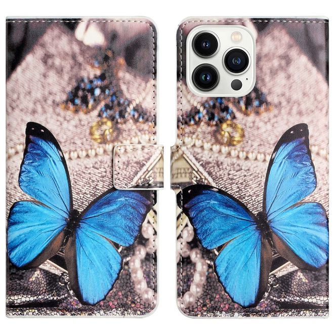 iPhone 16 Pro Max Phone Case - Leather Book Cover Image Series - Blue Butterfly