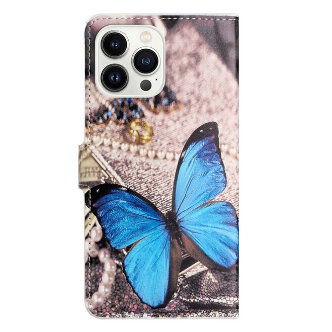 iPhone 16 Pro Max Phone Case - Leather Book Cover Image Series - Blue Butterfly