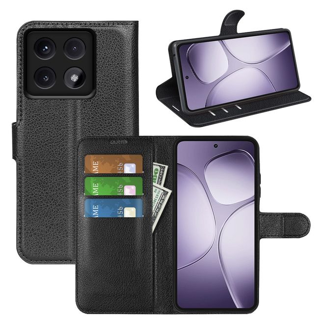 Xiaomi 14T Pro Handy Hülle - Litchi Leder Bookcover Series - schwarz