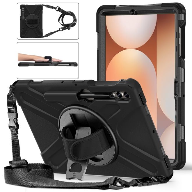 Samsung Galaxy Tab S9 FE+ 360 Grad Outdoor Hülle mit Handschlaufe & Schultergurt - Schwarz