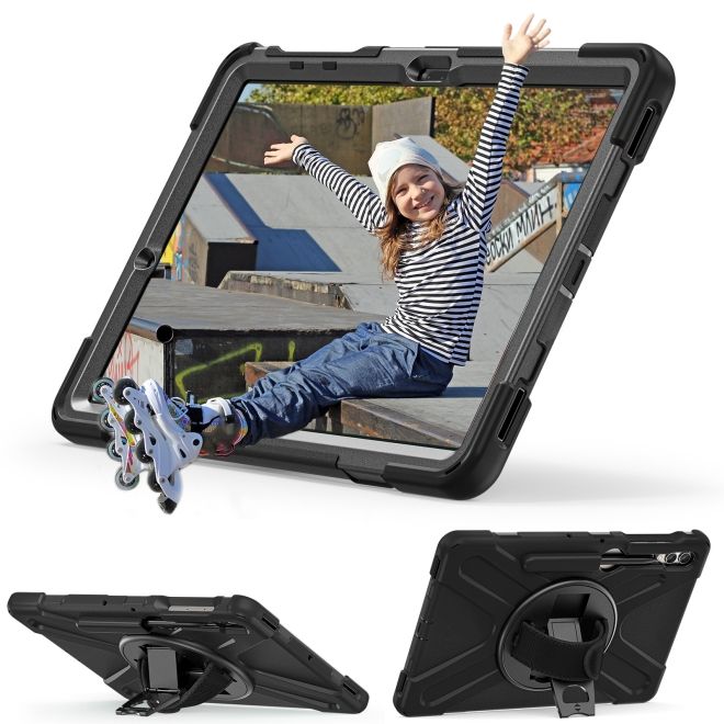 Samsung Galaxy Tab S9 FE+ 360 Grad Outdoor Hülle mit Handschlaufe & Schultergurt - Schwarz