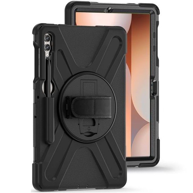 Samsung Galaxy Tab S9 FE+ 360 Degree Outdoor Case with Hand Strap &amp; Shoulder Strap - Black