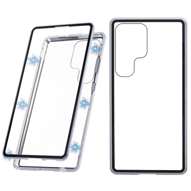 Samsung Galaxy S25 Ultra Hülle - 360 Grad PanzerGlas Alu Case mit Magnet-Technologie - silber