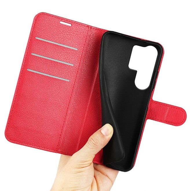 Samsung Galaxy S25 Ultra Handy Hülle - Litchi Leder Bookcover Series - rot