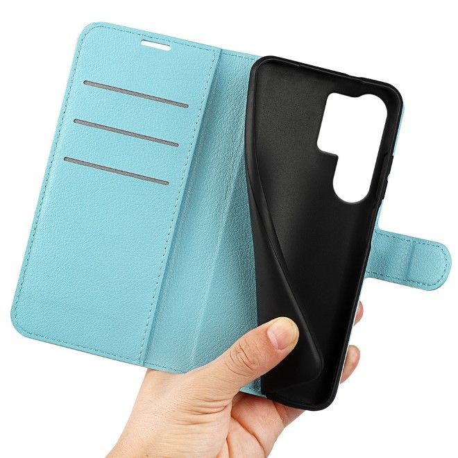Samsung Galaxy S25 Ultra Handy Hülle - Litchi Leder Bookcover Series - blau