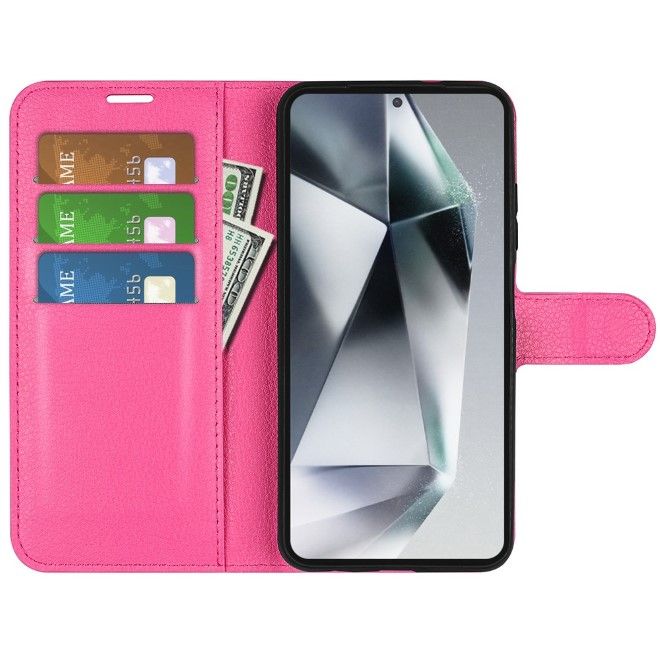 Samsung Galaxy S25 Ultra Handy Hülle - Litchi Leder Bookcover Series - rosa