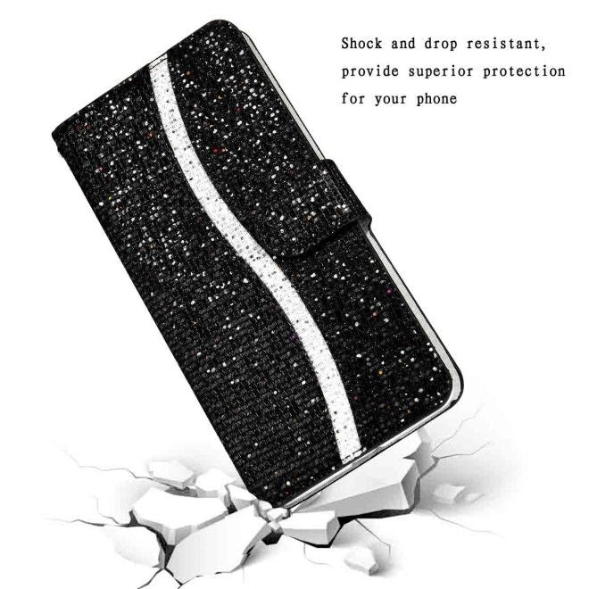 Samsung Galaxy S25 Ultra Handy Hülle - Glitzer Leder Bookcover - PU Leather Bling Series - schwarz