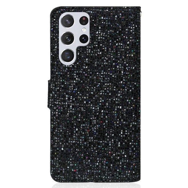 Samsung Galaxy S25 Ultra Handy Hülle - Glitzer Leder Bookcover - PU Leather Bling Series - schwarz