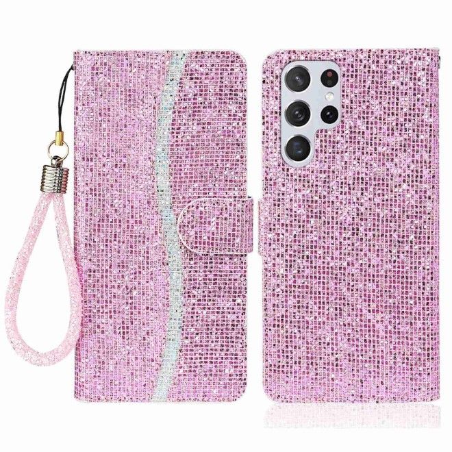 Samsung Galaxy S25 Ultra Handy Hülle - Glitzer Leder Bookcover - PU Leather Bling Series - pink