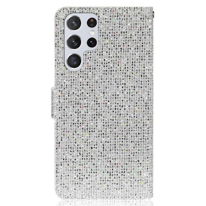 Samsung Galaxy S25 Ultra Handy Hülle - Glitzer Leder Bookcover - PU Leather Bling Series - silber