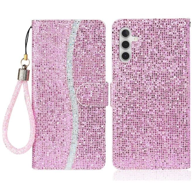Samsung Galaxy S25+ / S24+ Handy Hülle - Glitzer Leder Bookcover - PU Leather Bling Series - pink