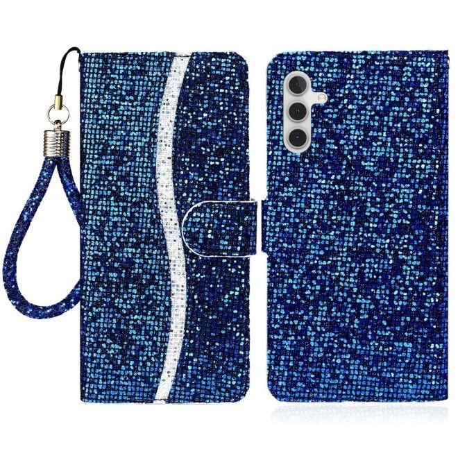 Samsung Galaxy S25+ / S24+ Handy Hülle - Glitzer Leder Bookcover - PU Leather Bling Series - blau