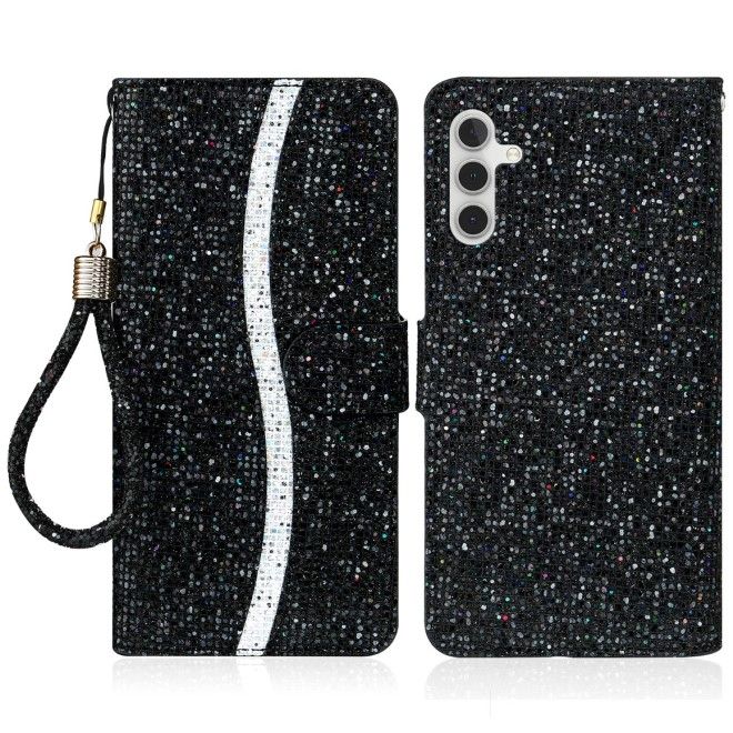 Samsung Galaxy S25+ / S24+ Handy Hülle - Glitzer Leder Bookcover - PU Leather Bling Series - schwarz