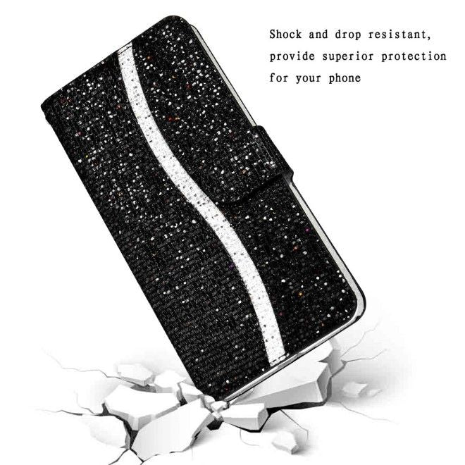Samsung Galaxy S25+ / S24+ Handy Hülle - Glitzer Leder Bookcover - PU Leather Bling Series - schwarz