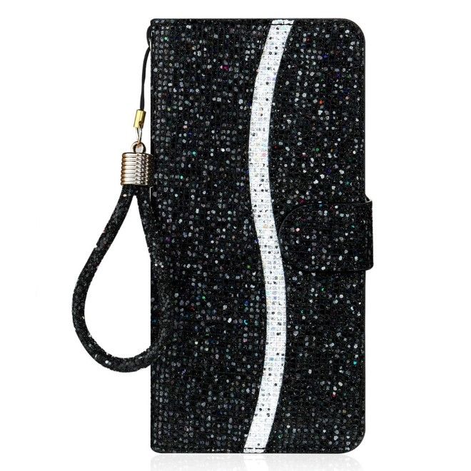 Samsung Galaxy S25+ / S24+ Handy Hülle - Glitzer Leder Bookcover - PU Leather Bling Series - schwarz