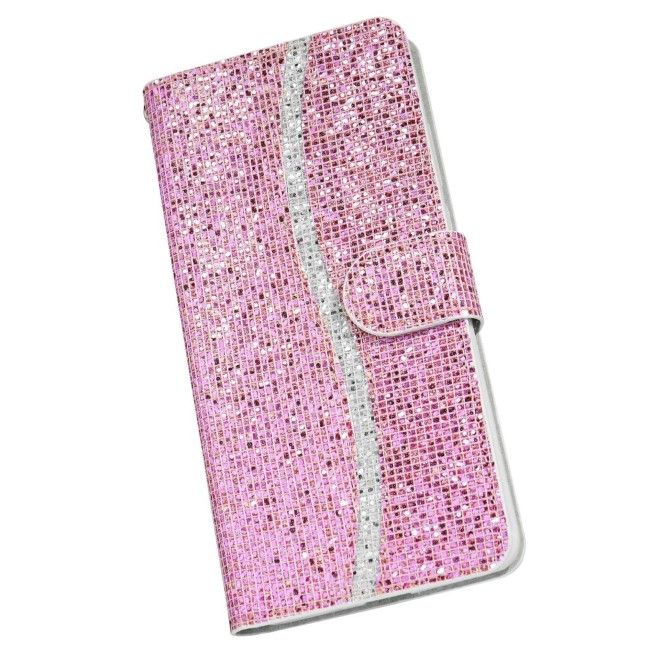 Samsung Galaxy S25 / S24 Handy Hülle - Glitzer Leder Bookcover - PU Leather Bling Series - pink