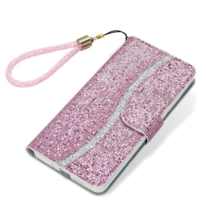 Samsung Galaxy S25 / S24 Handy Hülle - Glitzer Leder Bookcover - PU Leather Bling Series - pink