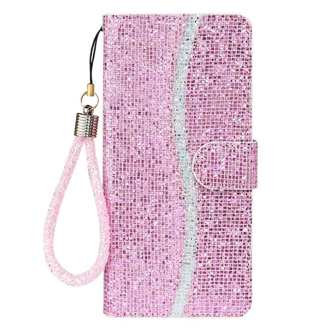 Samsung Galaxy S25 / S24 Handy Hülle - Glitzer Leder Bookcover - PU Leather Bling Series - pink