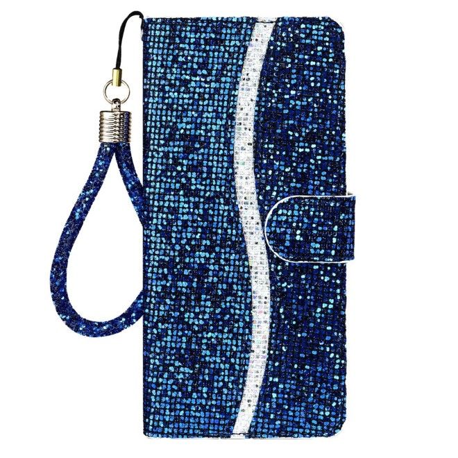 Samsung Galaxy S25 / S24 Handy Hülle - Glitzer Leder Bookcover - PU Leather Bling Series - blau
