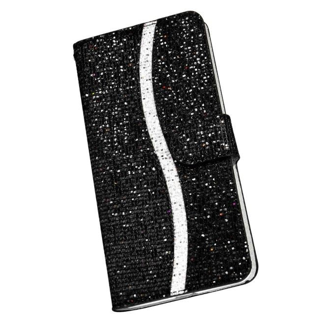 Samsung Galaxy S25 / S24 Handy Hülle - Glitzer Leder Bookcover - PU Leather Bling Series - schwarz