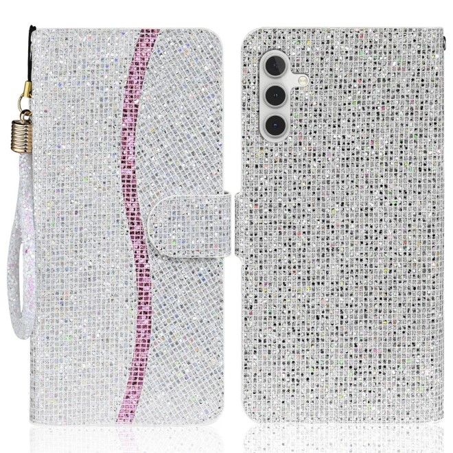 Samsung Galaxy S25 / S24 Handy Hülle - Glitzer Leder Bookcover - PU Leather Bling Series - silber