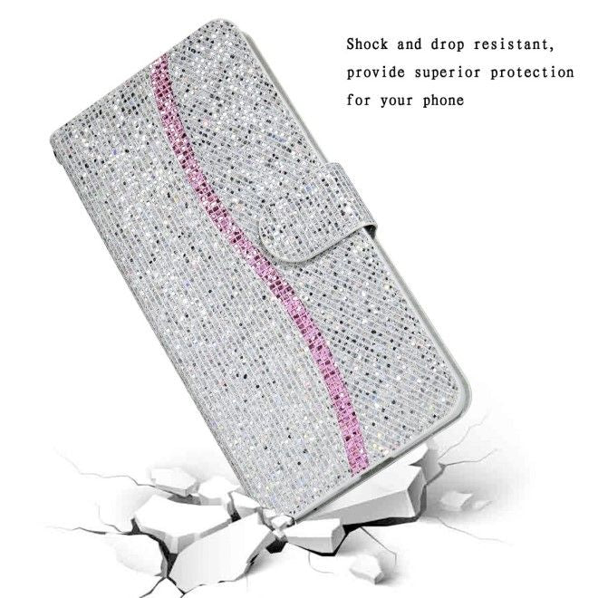 Samsung Galaxy S25 / S24 Handy Hülle - Glitzer Leder Bookcover - PU Leather Bling Series - silber