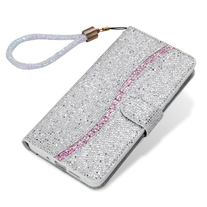 Samsung Galaxy S25 / S24 Handy Hülle - Glitzer Leder Bookcover - PU Leather Bling Series - silber