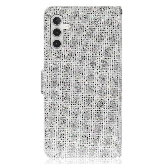 Samsung Galaxy S25 / S24 Handy Hülle - Glitzer Leder Bookcover - PU Leather Bling Series - silber