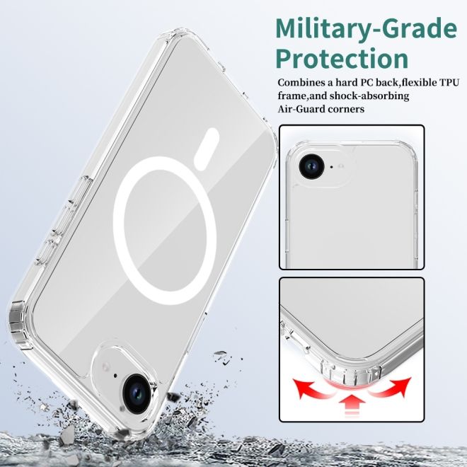 iPhone 16e Hülle (PC / TPU Case) - Polycarbonat Rückseite + TPU Ränder - MagPureProtect Series - transparent