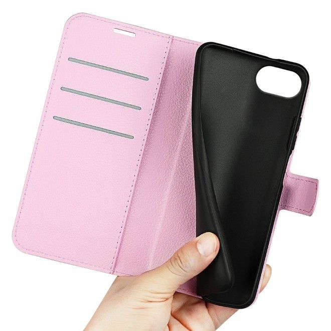 iPhone 17e / 16e Handy Hülle - Litchi Leder Bookcover Series - rosa
