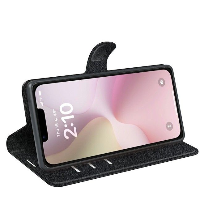 iPhone 17e / 16e Handy Hülle - Litchi Leder Bookcover Series - schwarz