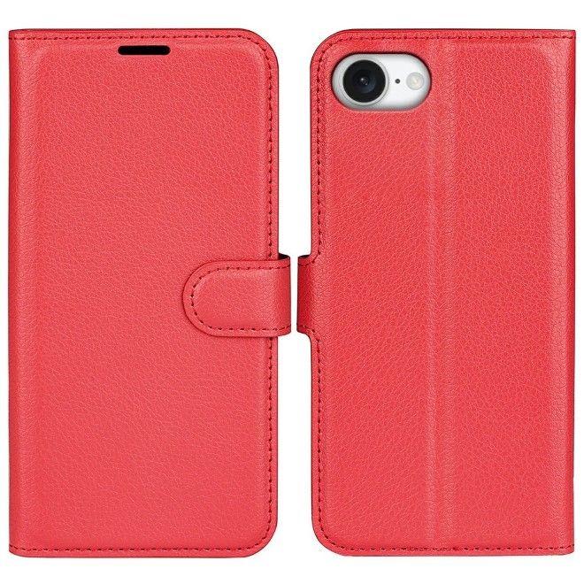 iPhone 16e Phone Case - Litchi Leather Bookcover Series - red