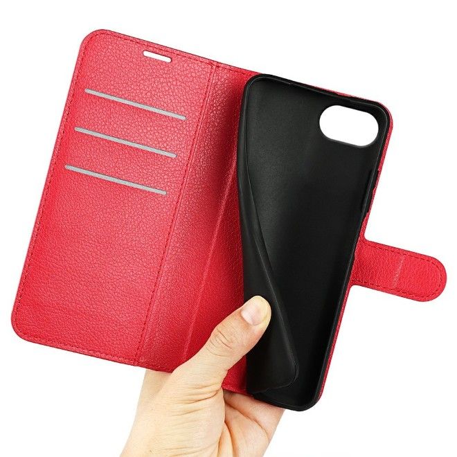 iPhone 16e Phone Case - Litchi Leather Bookcover Series - red