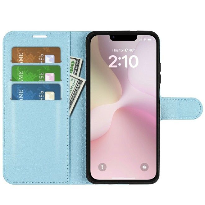 Étui pour iPhone 17e / 16e - Collection Litchi Leather Bookcover - Bleu