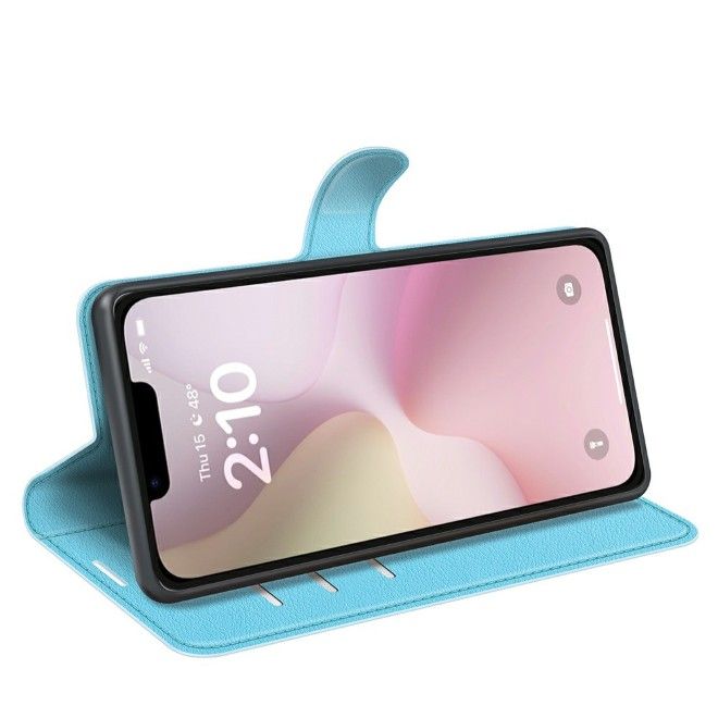 Étui pour iPhone 17e / 16e - Collection Litchi Leather Bookcover - Bleu