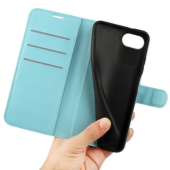 Étui pour iPhone 17e / 16e - Collection Litchi Leather Bookcover - Bleu