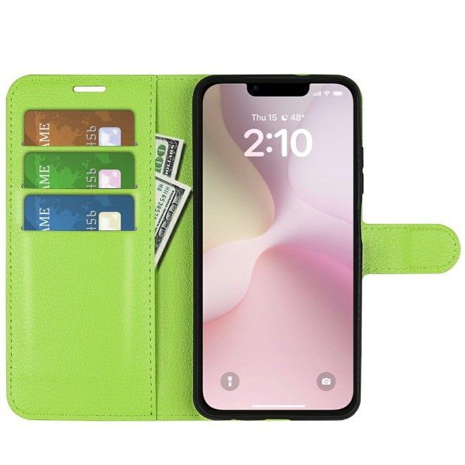 Étui pour iPhone 17e / 16e - Collection Litchi Leather Bookcover - Vert