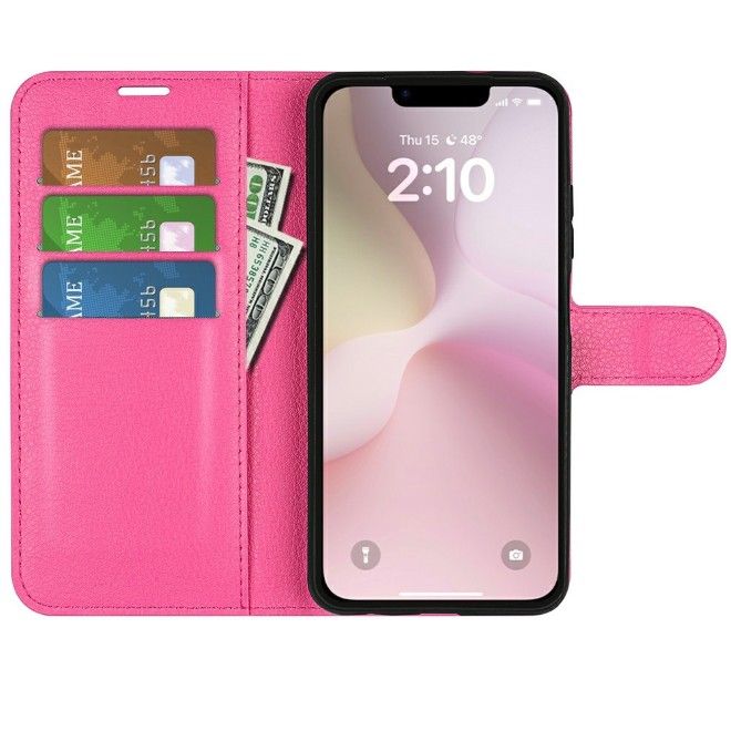 Étui pour iPhone 16e - Collection Litchi Leather Bookcover - Rose