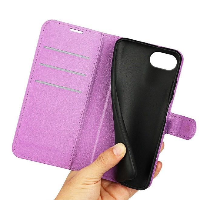 iPhone 17e / 16e Handy Hülle - Litchi Leder Bookcover Series - purpur