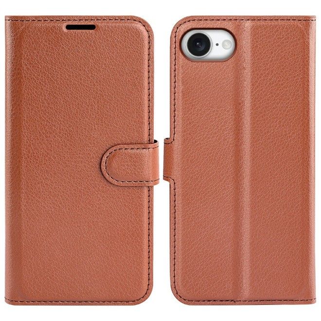Étui pour iPhone 16e - Collection Litchi Leather Bookcover - Marron