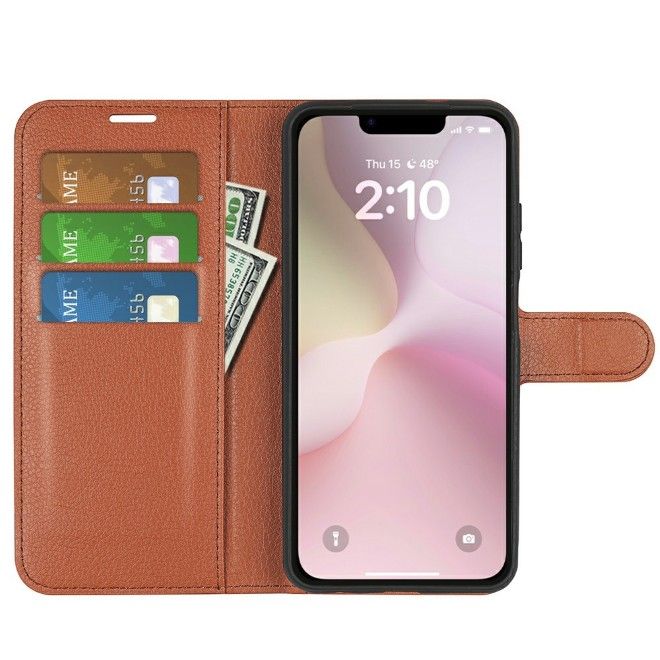 Étui pour iPhone 16e - Collection Litchi Leather Bookcover - Marron