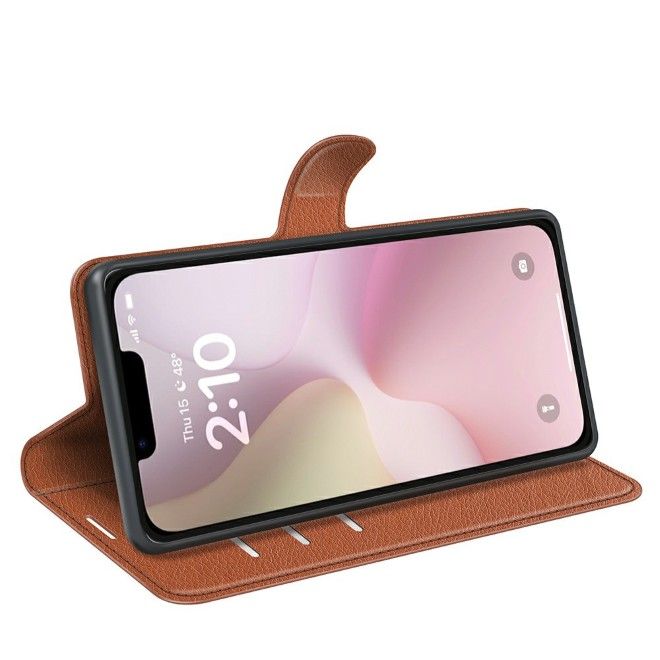 Étui pour iPhone 16e - Collection Litchi Leather Bookcover - Marron