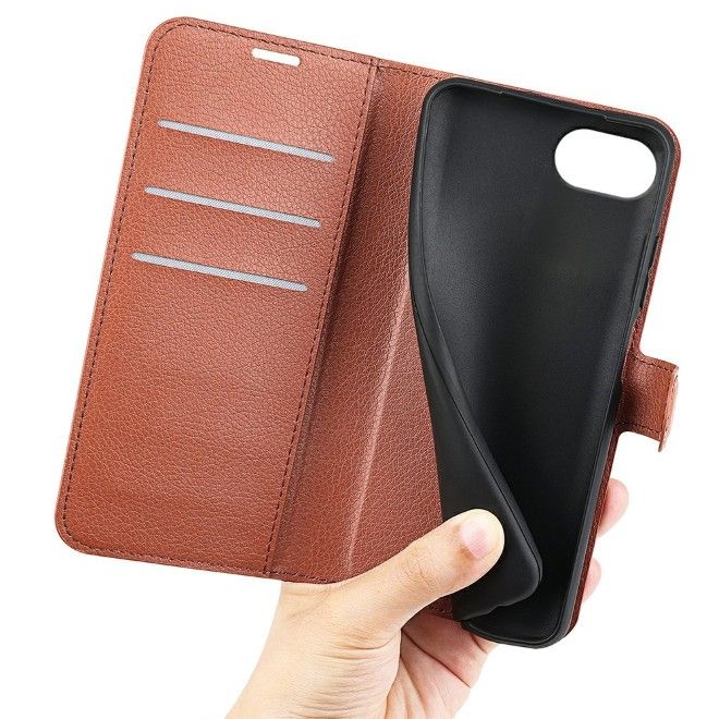 Étui pour iPhone 16e - Collection Litchi Leather Bookcover - Marron