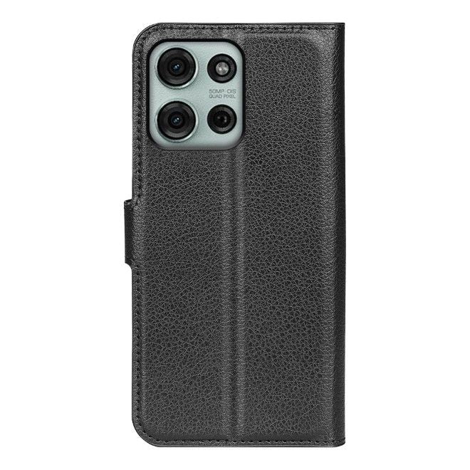 Motorola Moto G75 Handy Hülle - Litchi Leder Bookcover Series - schwarz
