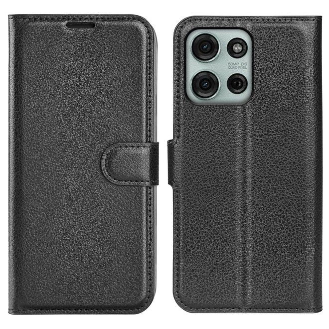 Motorola Moto G75 Handy Hülle - Litchi Leder Bookcover Series - schwarz