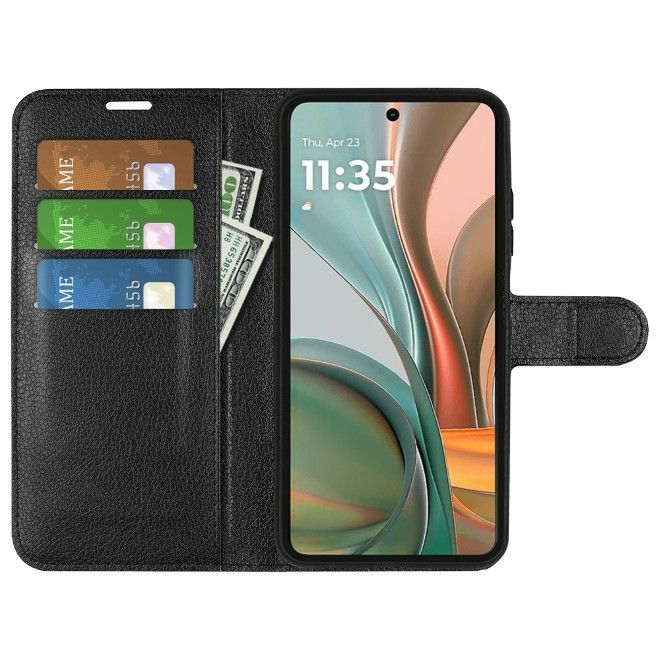 Motorola Moto G75 Handy Hülle - Litchi Leder Bookcover Series - schwarz