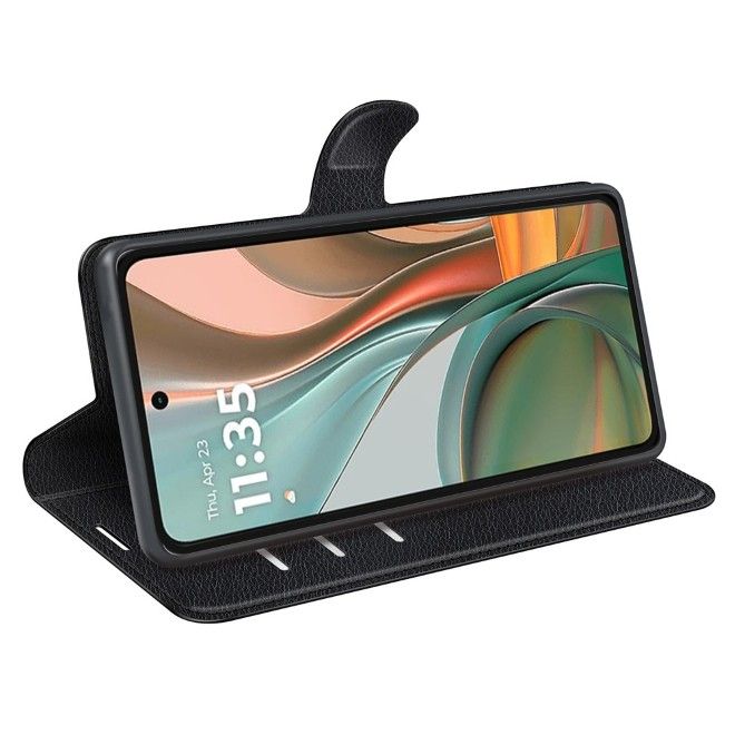 Motorola Moto G75 Handy Hülle - Litchi Leder Bookcover Series - schwarz