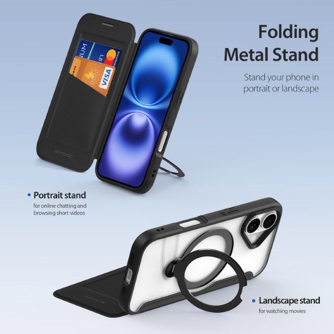 Dux Ducis - iPhone 17 Hülle - Leder Bookcover mit Ring Standfunktion - Skin X Pro 360° Ring Stand Series - schwarz