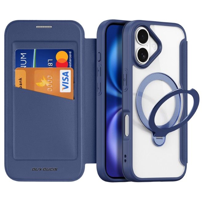 Dux Ducis - iPhone 17 Hülle - Leder Bookcover mit Ring Standfunktion - Skin X Pro 360° Ring Stand Series - blau
